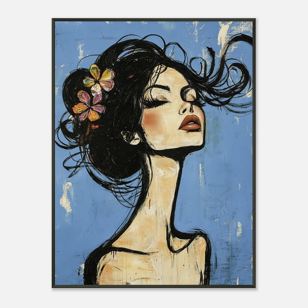 Elegant Framed Abstract Woman Art - Pop Art Style With Flowers