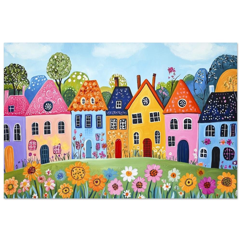 Whimsical Naive Art Painting of Charming Row Houses in a Colorful