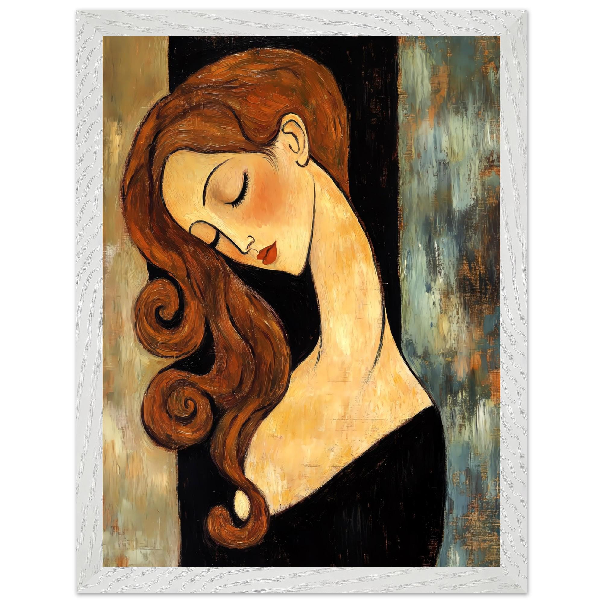 Modigliani Style Woman Portrait Print: Auburn Hair, Wooden Frame