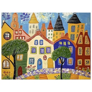 Impresión artística de casas ingenuas y extravagantes: dos iglesias, árboles y obras de arte de colores retro en póster de papel semibrillante de primera calidad