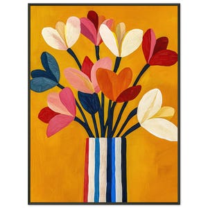 Impresionante impresión artística de jarrón a rayas: póster floral enmarcado con marco de aluminio negro