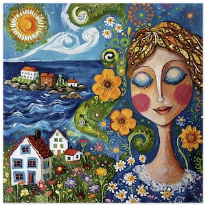 Sueños caprichosos de margaritas: pintura naif única de una mujer con encaje azul, archipiélago de Estocolmo, póster clásico en papel semibrillante