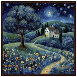 Paesaggio naif di Serenità notturna color turchese, strada gialla, casa in pietra illuminata dalla luna, capolavoro classico, poster con cornice in legno su carta semilucida