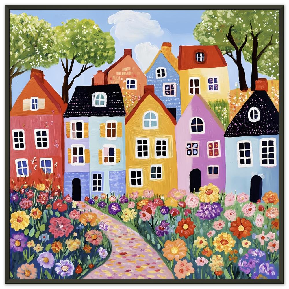 Whimsical Terraced Houses Art Print: Naive Floral Road, Framed