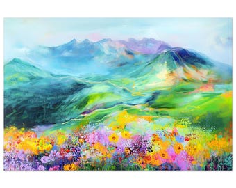 Vibrant Alpine Meadow Landscape – Colorful Abstract Mountain Art on Aluminum Print