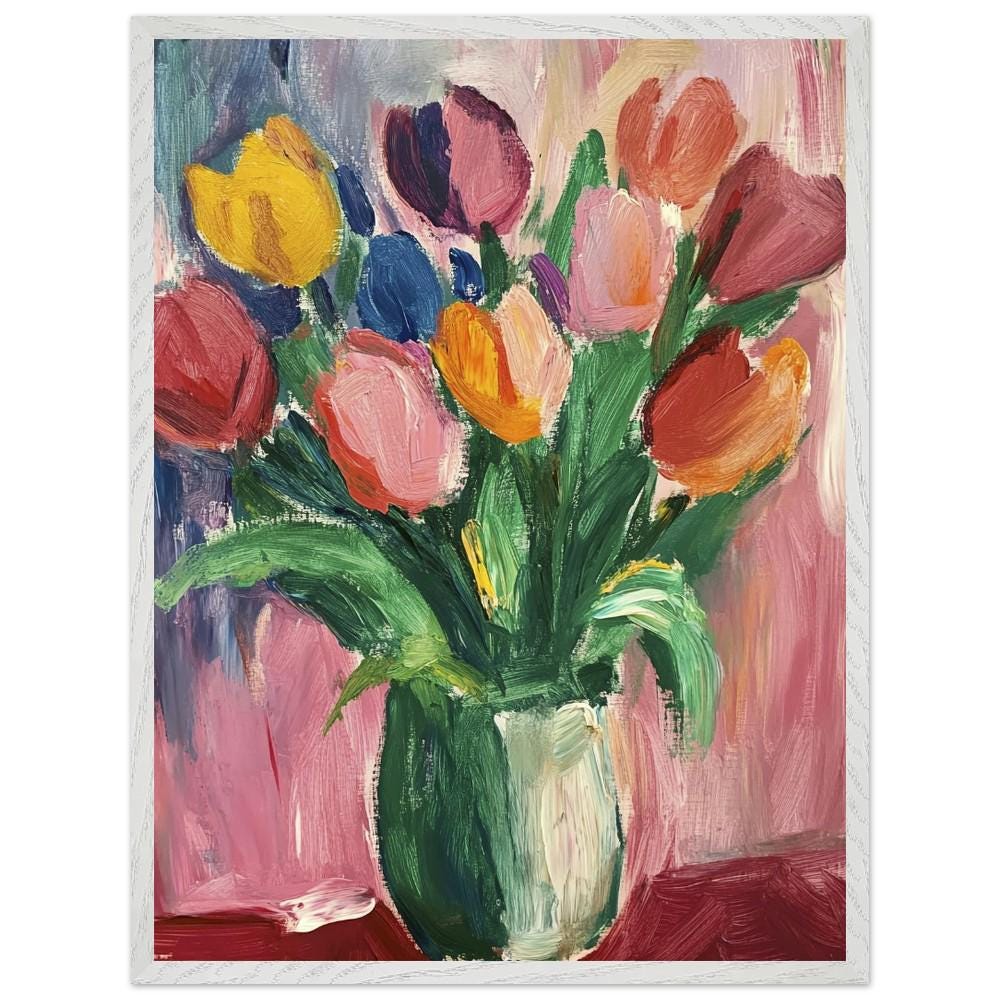 緑の花瓶に入ったチューリップの額入りポスター – 鮮やかな花の絵画