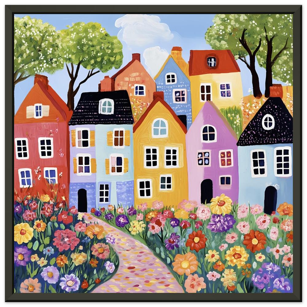 アート・デザイン・音楽 STUNNING HOUSES Whimsical Terraced Houses Art Print: Naive Floral Road, Framed