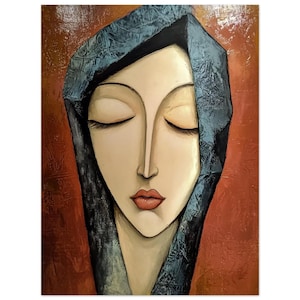 Impresión artística de retrato moderno: mujer con tocado gris y fondo rojo: obra de arte contemporánea única en póster de papel semibrillante de primera calidad