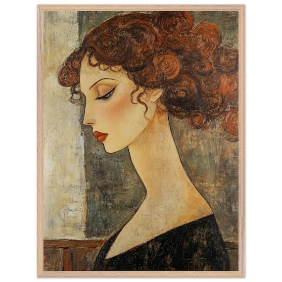 Modigliani Style Woman Portrait: Red Lips, Curly Hair, Framed Art
