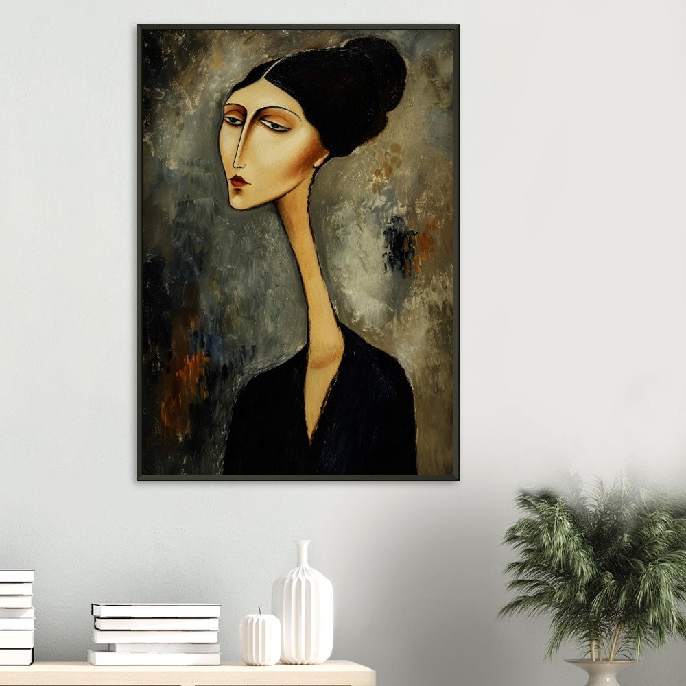 Wee Blue Coo Amedeo Modigliani Portrait Woman With Black Tie Old Painting Art Print Framed Poster Wall Decor 12X16 Inch Ritratto Donna Pittura Manifesto Parete