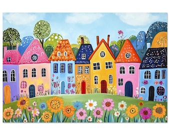 Whimsical Naive Art Painting of Charming Row Houses in a Colorful Village Aluminum Print