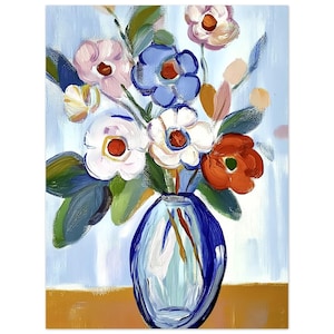 Impresión artística de jarrón de vidrio azul con flores: elegante pintura floral sobre fondo azul claro Póster clásico de papel mate