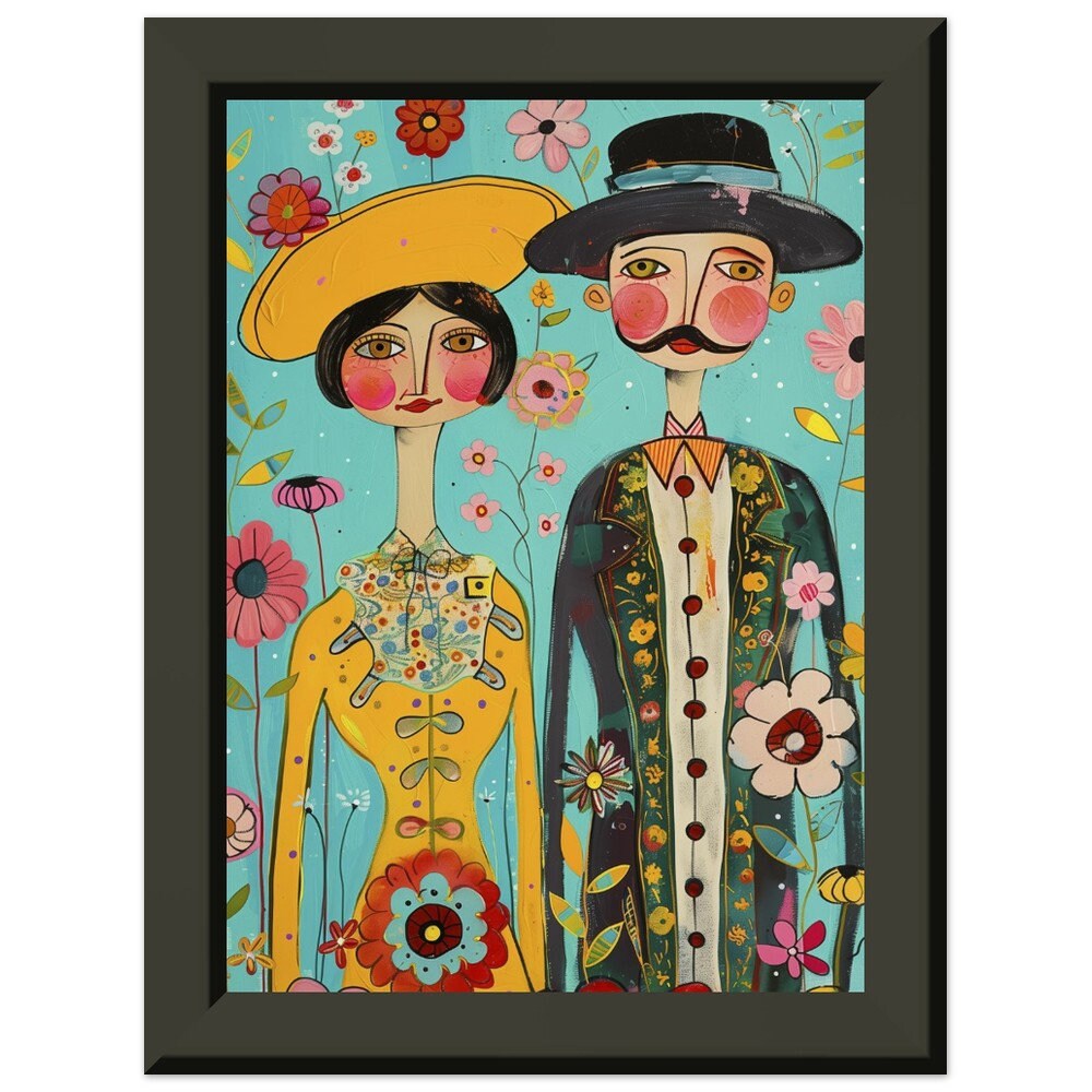 Naïve Art Couple Poster: Whimsical Floral Painting, Framed Print