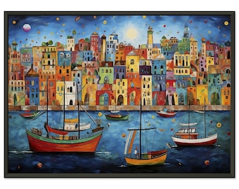 Picturesque Harbor: A Vibrant Naive Art Painting Classic Semi-Glossy Paper Metal Framed Poster