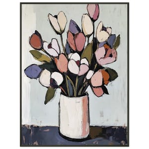Dipinto unico di tulipani in vaso bianco – Stampa artistica incorniciata Poster classico con carta semi-lucida e cornice in metallo