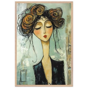 Modigliani Inspired Wall Art - Framed Woman Portrait with Long Neck & Retro Style