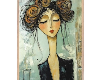 Modigliani Inspired Wall Art - Framed Woman Portrait with Long Neck & Retro Style