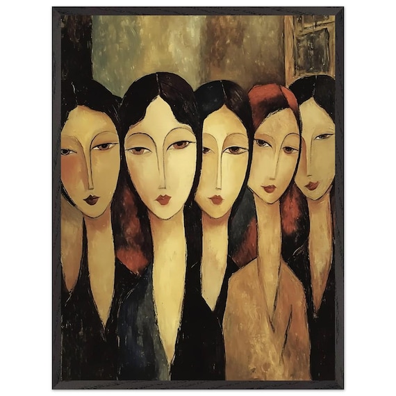 Modigliani Style Portrait Art Print: Five Faces, Framed Museum