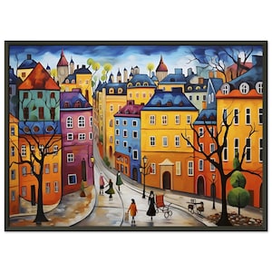 Gamla Stan Stockholm - Whimsical & Colorful Naive Art Painting Classic Semi-Glossy Paper Metal Framed Poster