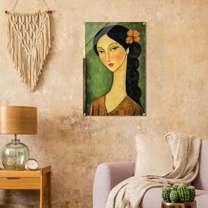 Elegant Long-Necked Beauty: Acrylic Print of Dark-Haired Woman with Floral Accent image 10