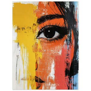 Retrato de mujer abstracto moderno: ojos llamativos con pintura fluida en rojo, amarillo y azul: póster de papel semibrillante clásico con impresión artística única