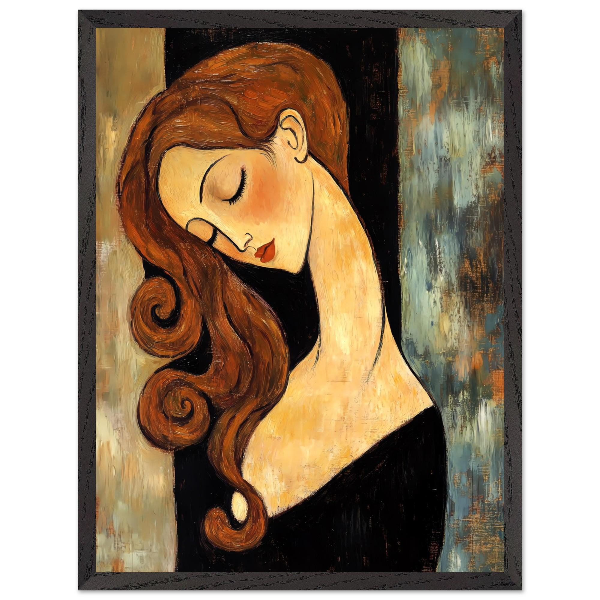 Modigliani Style Woman Portrait Print: Auburn Hair, Wooden Frame