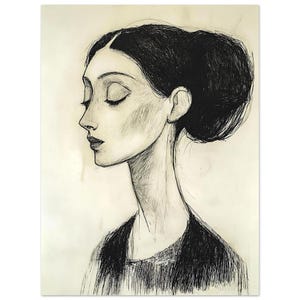 Elegante Frau Skizze Kunst Poster - Dunkles Haar, Geschlossene Augen - Wohnkultur Geschenk