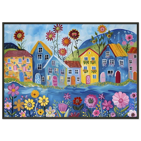 Naive Art Flower Poster: Whimsical Colorful Houses, Framed Print