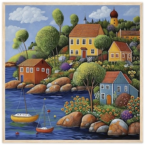 Serene Stockholm Archipelago - Naive Art Painting Classic Semi-Glossy Paper Wooden Framed Poster