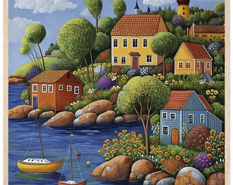Serene Stockholm Archipelago - Naive Art Painting Classic Semi-Glossy Paper Wooden Framed Poster