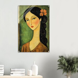 Elegant Long-Necked Beauty: Acrylic Print of Dark-Haired Woman with Floral Accent image 5