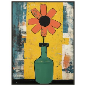 Póster enmarcado con jarrón verde retro y flor naranja: impresión artística abstracta única