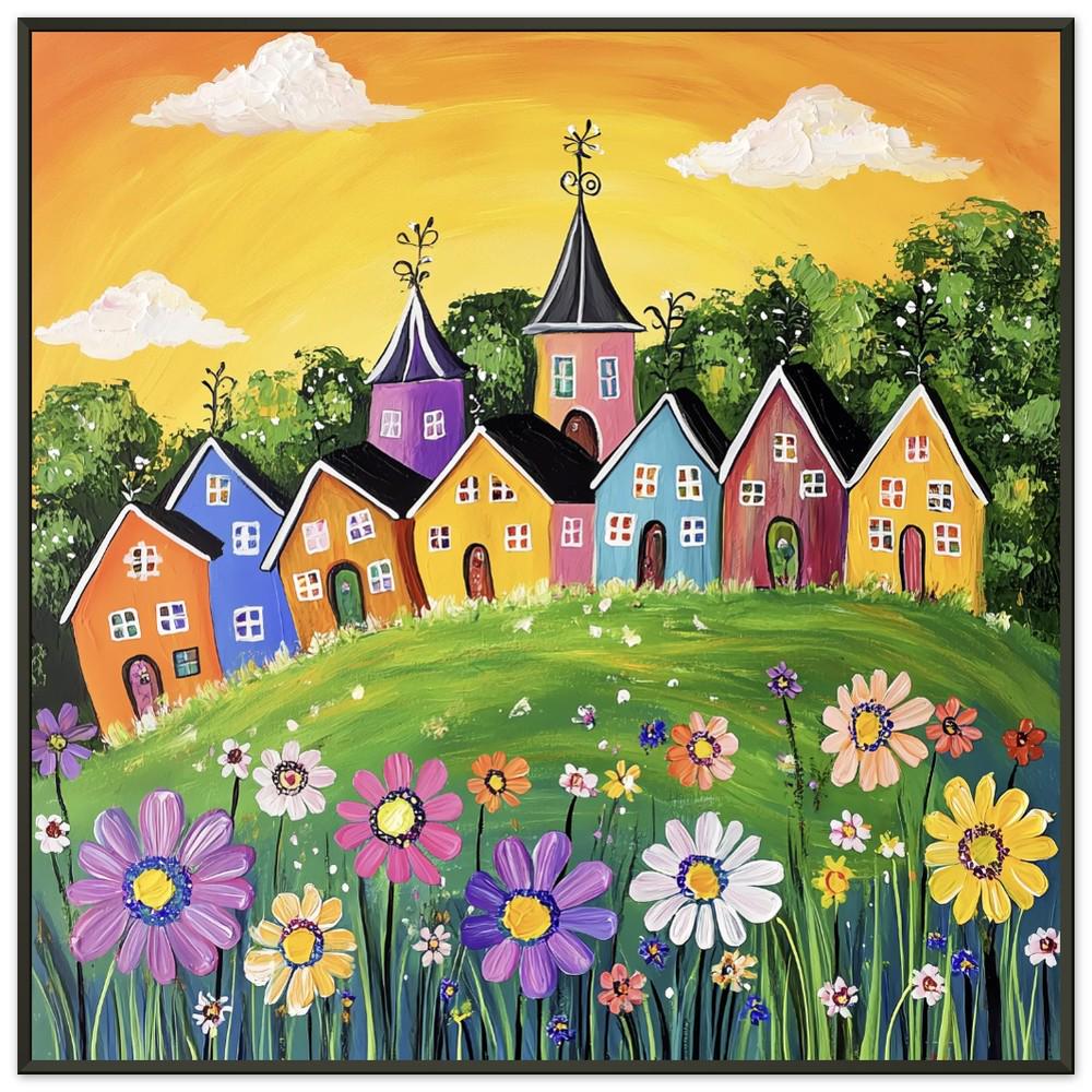 Whimsical Naive Landscape Art Print: Colorful Houses, Flowers