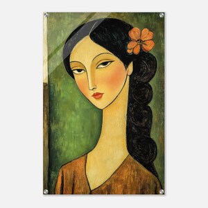 Elegant Long-Necked Beauty: Acrylic Print of Dark-Haired Woman with Floral Accent image 8