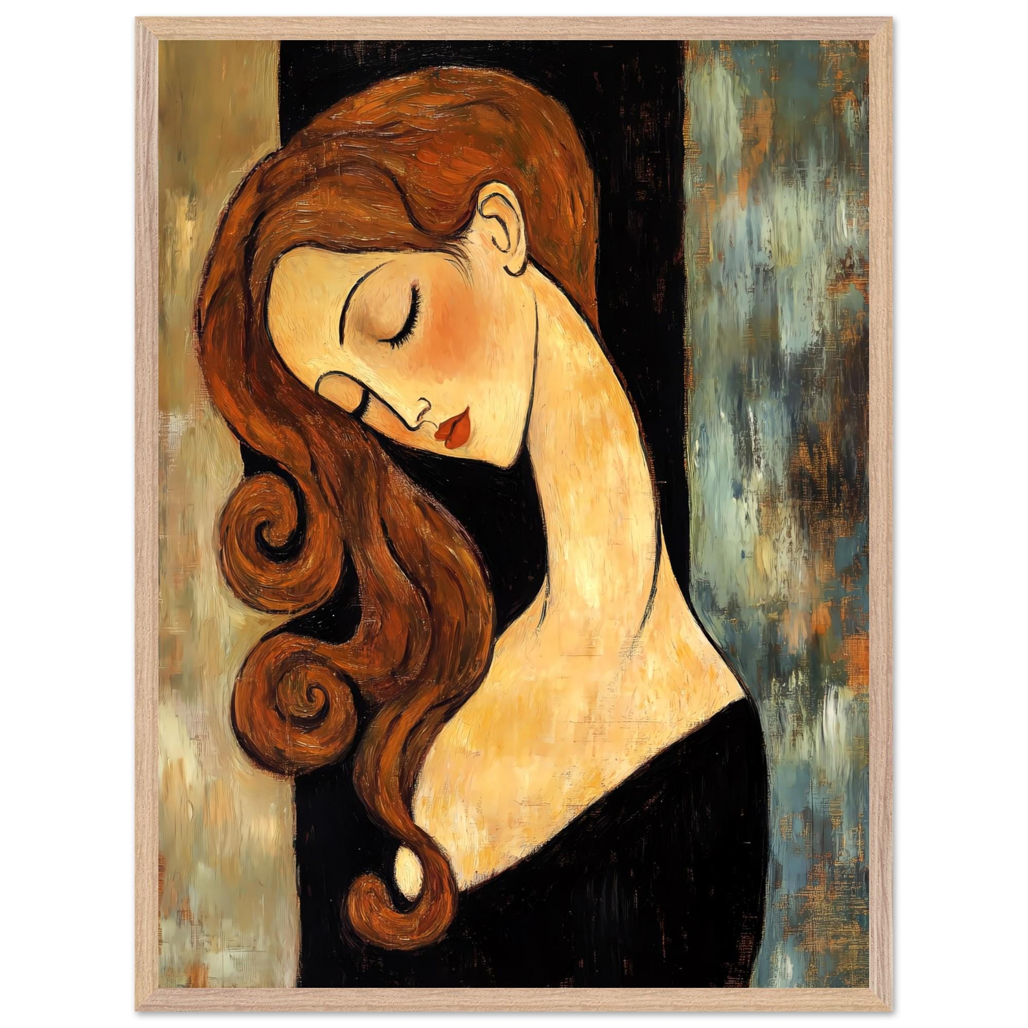 Modigliani Style Woman Portrait Print: Auburn Hair, Wooden Frame