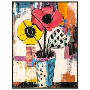 Póster floral retro en marco negro: impresión de jarrón colorido para decoración del hogar