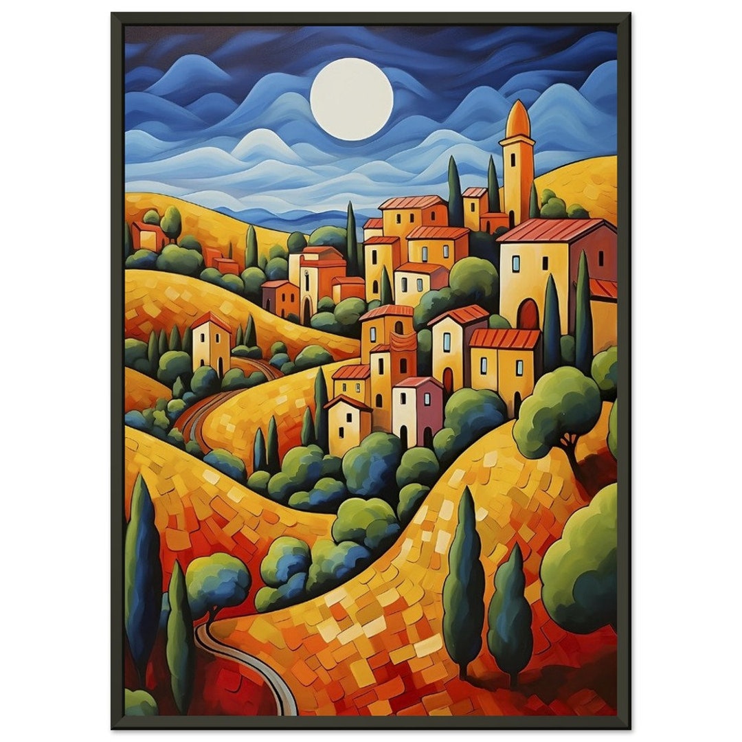 Tuscan Moonlight - Naive Art Painting of Colorful Village Classic