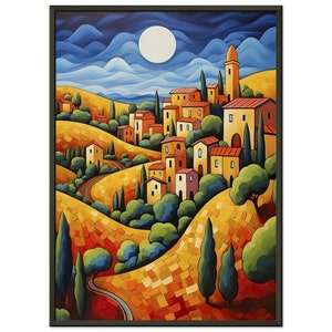 Tuscan Moonlight - Dipinto di arte naif di un villaggio colorato Classico Poster con cornice in metallo su carta semi-lucida