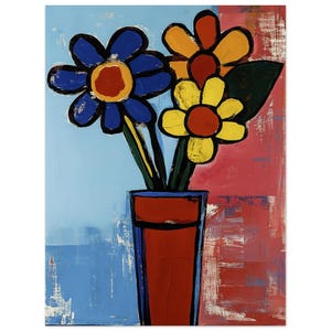 Impresión artística de flores retro en jarrón rojo: póster de papel semibrillante clásico con fondo azul y rojo llamativo