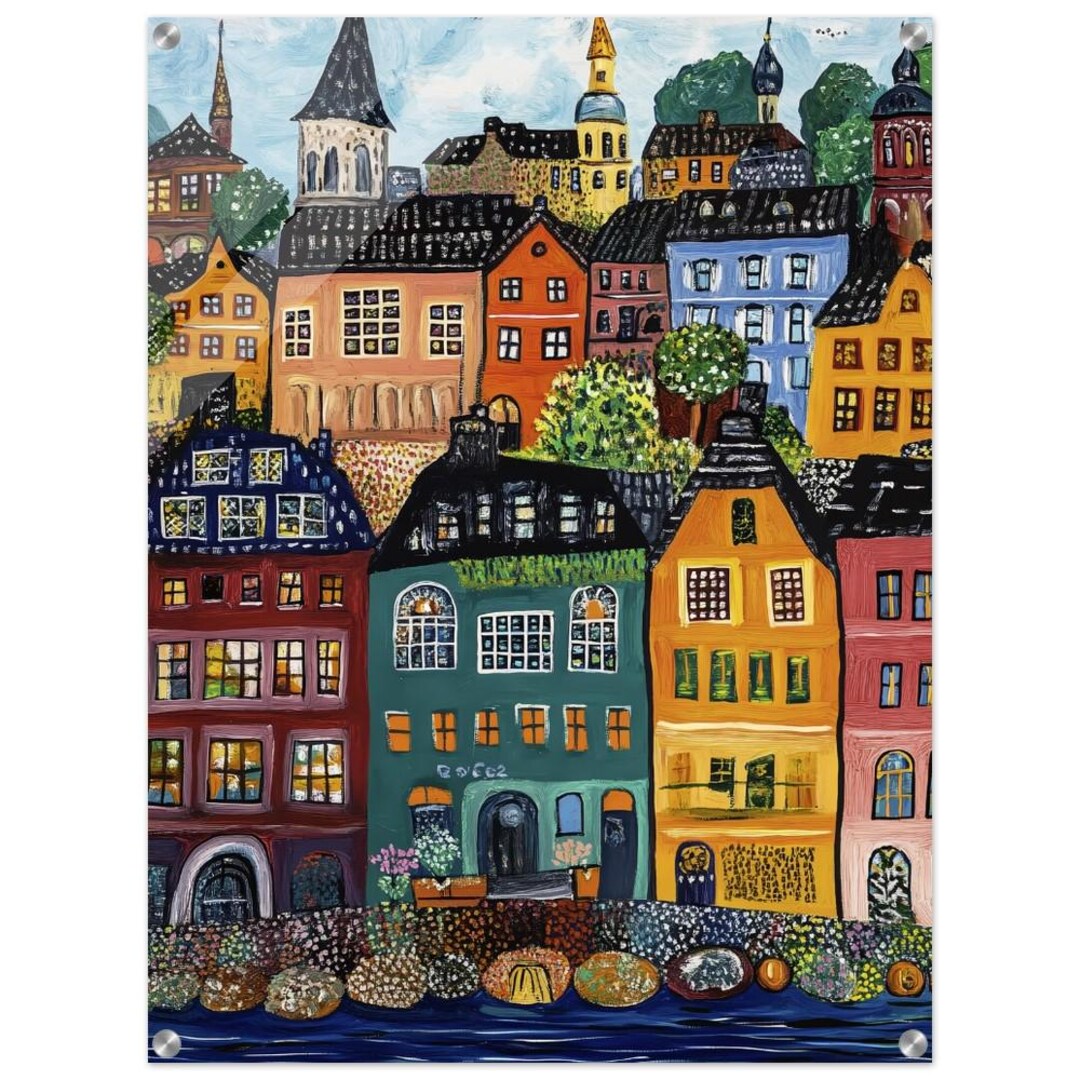 アート・デザイン・音楽 STUNNING HOUSES Whimsical Stockholm Acrylic Print - Colorful Naïve Art With