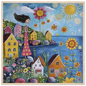 Naïve Art Print: Whimsical Woman, Houses & Flowers - Framed Poster