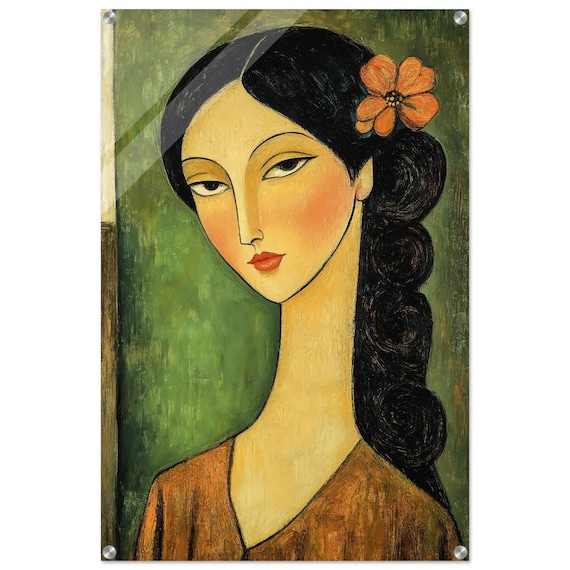 Elegant Long-Necked Beauty: Acrylic Print of Dark-Haired Woman with Floral Accent
