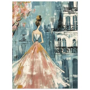 Impresión artística abstracta de mujer en París, falda rosa, pintura, arte mural parisino único, obra de arte femenina moderna, póster clásico de papel mate