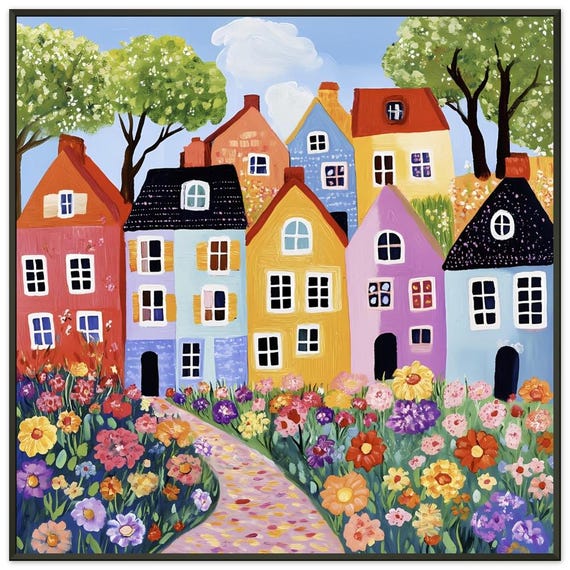 Whimsical Terraced Houses Art Print: Naive Floral Road, Framed