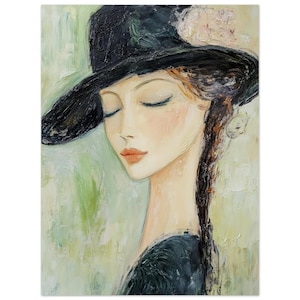 Póster de papel mate clásico con retrato de cuello largo sobre fondo verde claro de una elegante mujer con sombrero