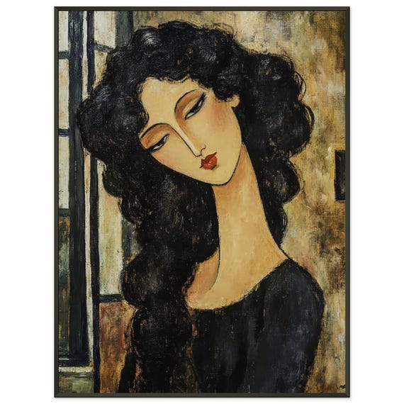Modigliani-inspired Woman Portrait: Black Hair, Metal Framed Art