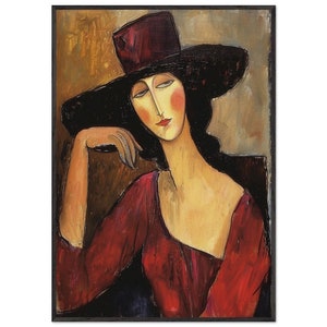 Lady in Red Hat: Modigliani Inspired Portrait Premium Wooden Framed Poster With Museum-Quality Matte Paper