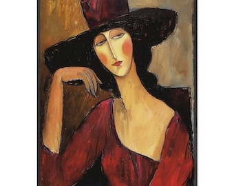 Póster premium con marco de madera y papel mate de calidad museística "La dama del sombrero rojo: retrato inspirado en Modigliani".