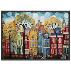 Whimsical Amsterdam: Colorful Naive Art Painting Classic Semi-Glossy Paper Metal Framed Poster
