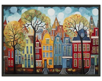 Whimsical Amsterdam: Colorful Naive Art Painting Classic Semi-Glossy Paper Metal Framed Poster